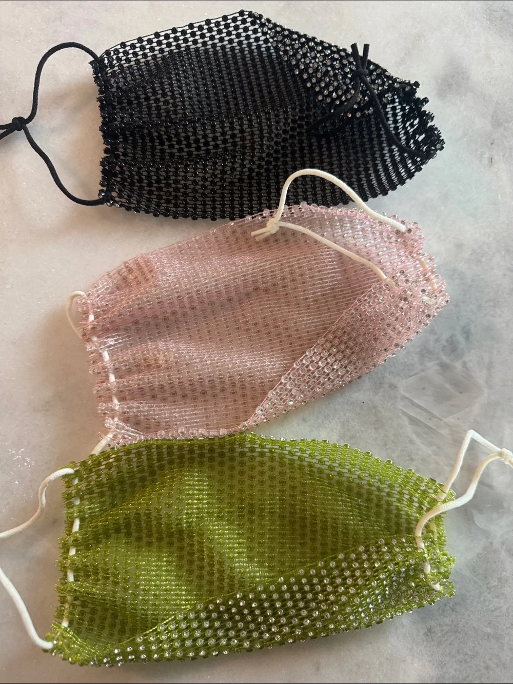 Beaded Face Mask Cover Trio - Black, Pink, Green